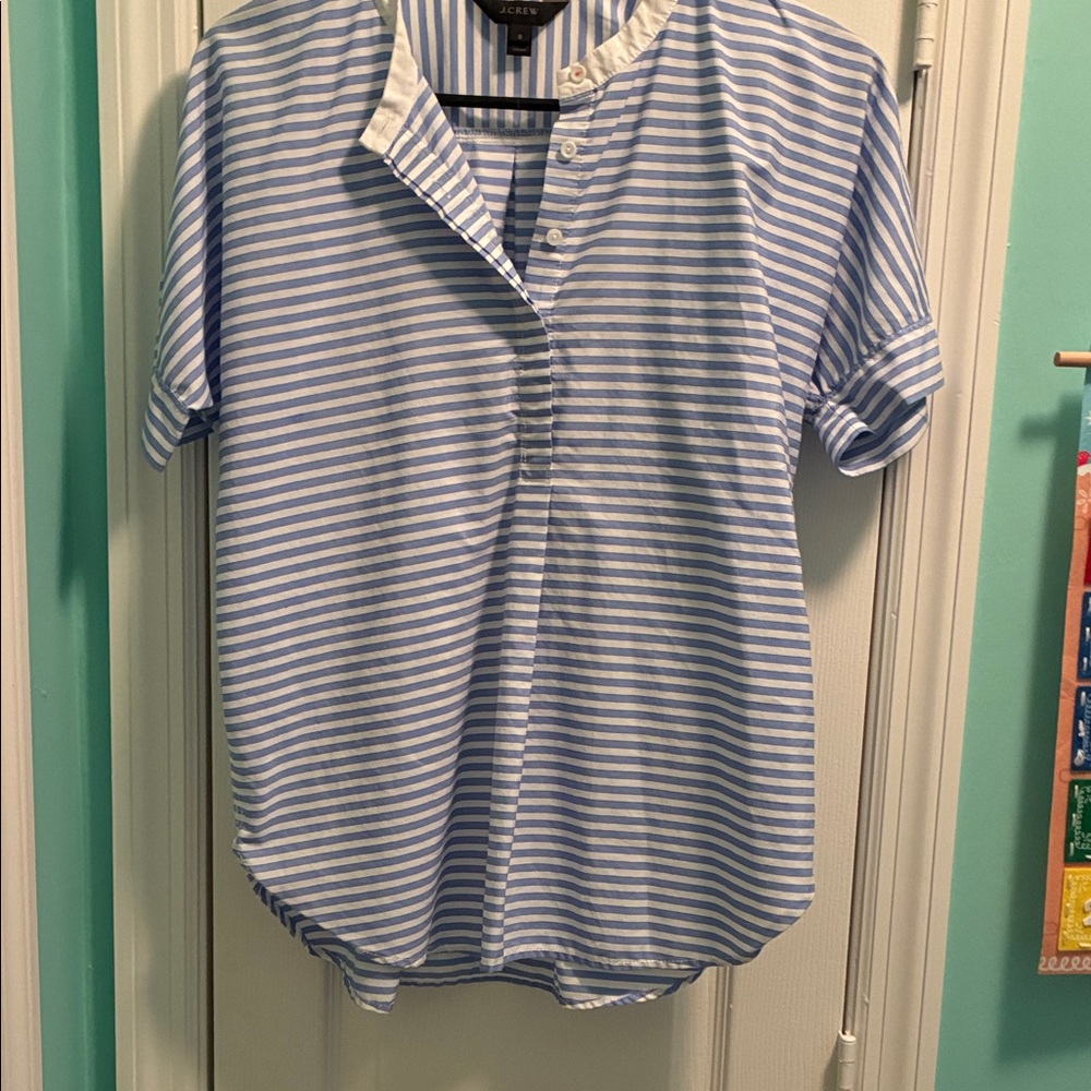 J. Crew Light Blue and White Striped Short-Sleeve Popover